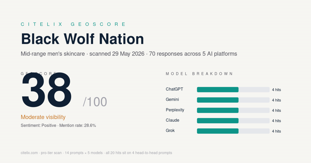 Black Wolf Nation GeoScore card and per-platform model breakdown